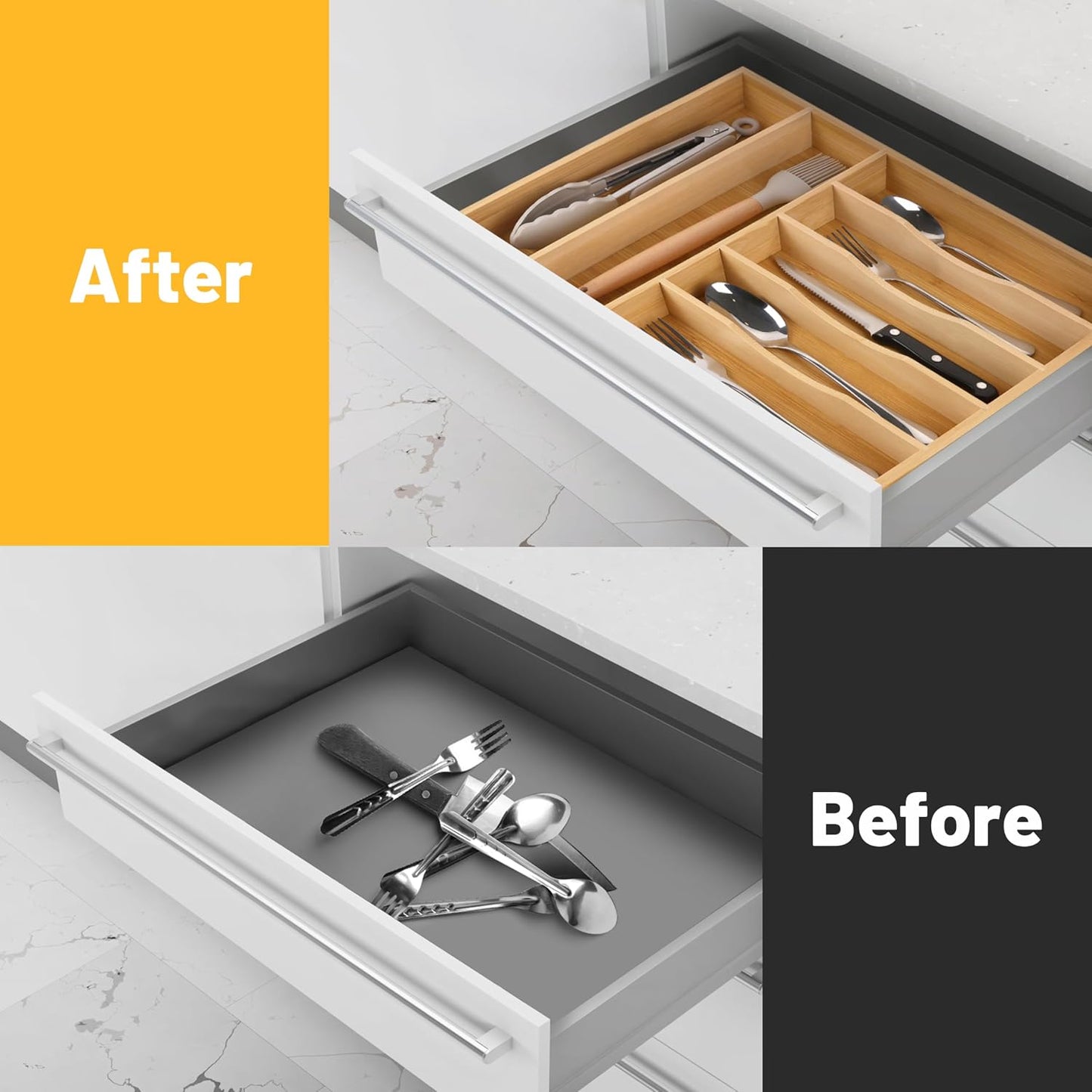 Expandable Bamboo Kitchen Drawer Organizer for Cutlery and Utensils, Adjustable Bamboo Wood Cutlery Tray in Drawer for Flatware and Silverware in Kitchen, (Natural)