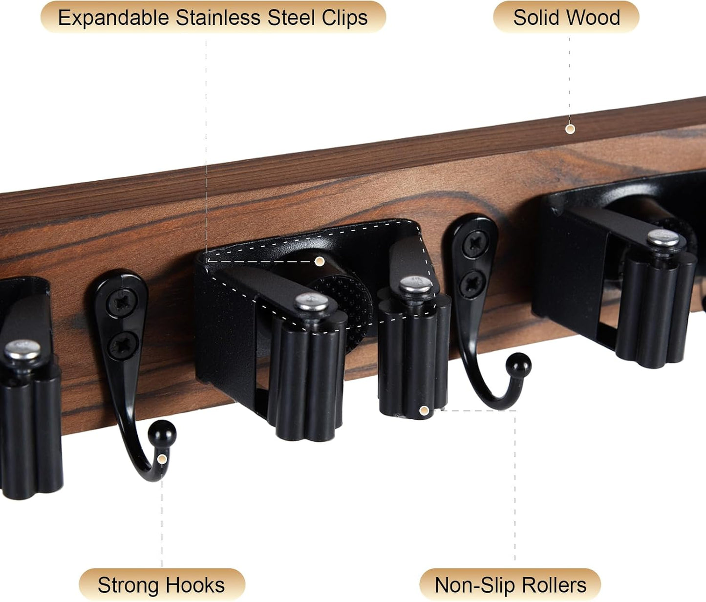 FunCee Broom Holder Wall Mount With 5 Slots & 4 Hooks，Rustic Wood Broom & Mop Hanger，Wall Mounted Garden & Garage Tool Storage Organizer Rack for Closet Laundry Room or Kitchen Wall Decor