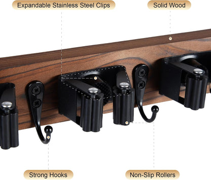 FunCee Broom Holder Wall Mount With 5 Slots & 4 Hooks，Rustic Wood Broom & Mop Hanger，Wall Mounted Garden & Garage Tool Storage Organizer Rack for Closet Laundry Room or Kitchen Wall Decor