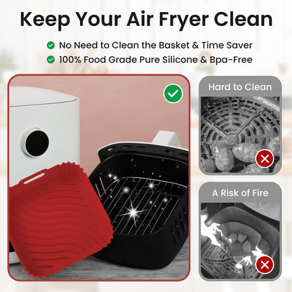Redfly 2 Pack Silicone Air Fryer Liners, Square Reusable Non-Stick Basket Inserts for 4-5 QT Air Fryers, Dishwasher Safe Parchment Paper Replacement Accessories Gray & Black
