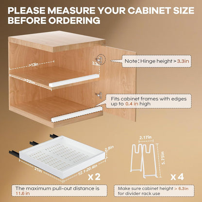 Seinloes 2Pack Pull out Cabinet Organizer 21"Deep with 4 Adjustable Dividers,Expandable（12.1"-20.4"W） Pots and Pans Organizer Under Cabinet with Raising Pad for Framed Cabinets,Slide out Drawers,White
