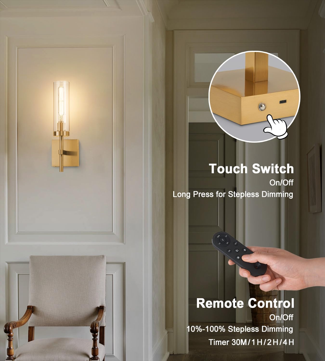 Wireless Wall Sconces with Remote Control, Battery Operated Wall Sconce Set of 2, Black & Gold Rechargeable Dimmable Wall Light for Bedroom Living room Bathroom Hallway Entryway Stairwell, 3000K