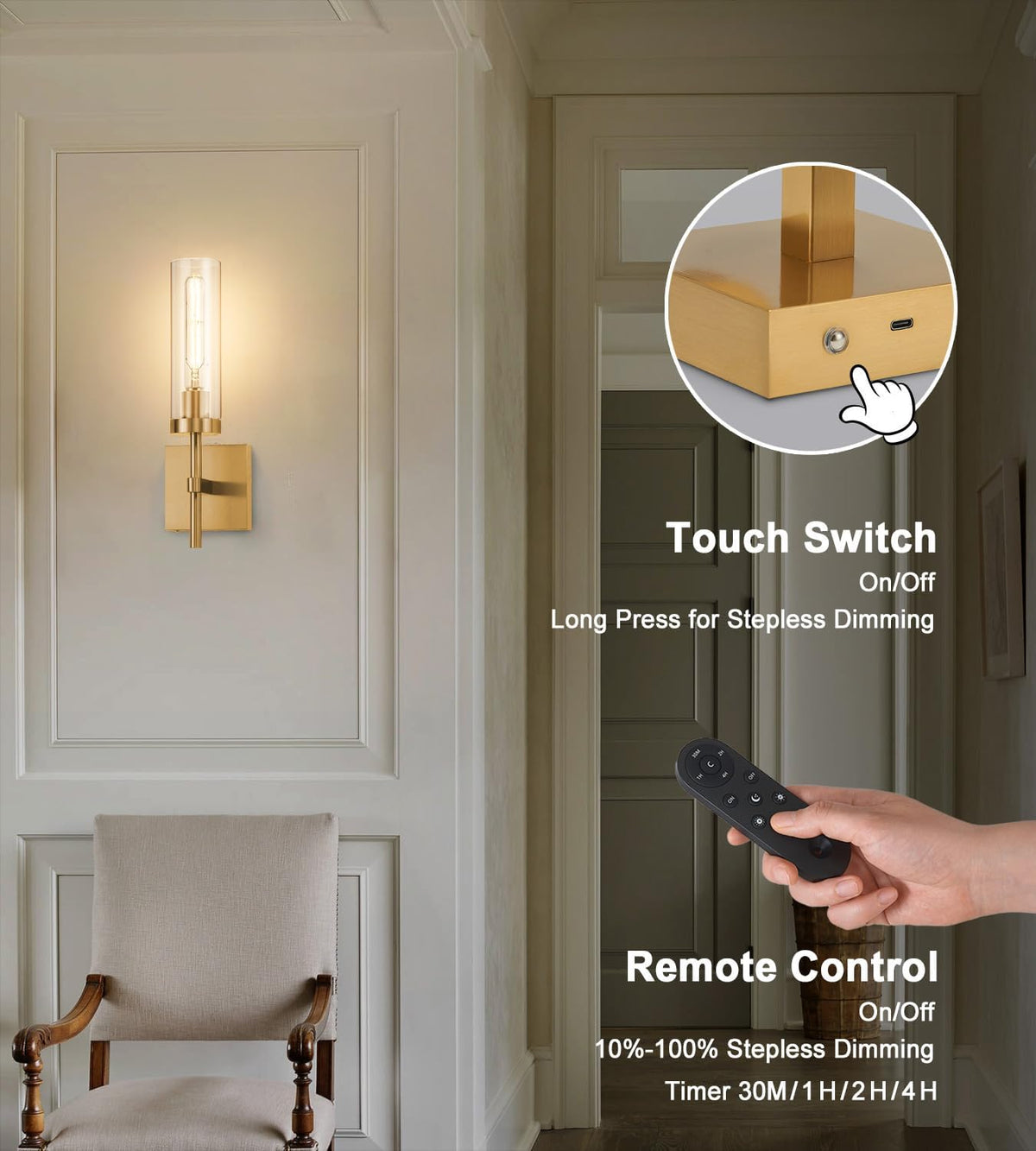 Wireless Wall Sconces with Remote Control, Battery Operated Wall Sconce Set of 2, Black & Gold Rechargeable Dimmable Wall Light for Bedroom Living room Bathroom Hallway Entryway Stairwell, 3000K