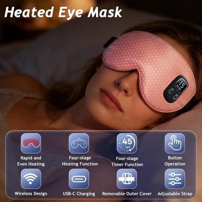 Rechargeable Heated Eye Mask | Warm Compress Sleep Mask for Dry-Feeling Eyes, 4 Heat Levels, 15–60 Min Timer, USB-C, Light Blocking, Washable Cover