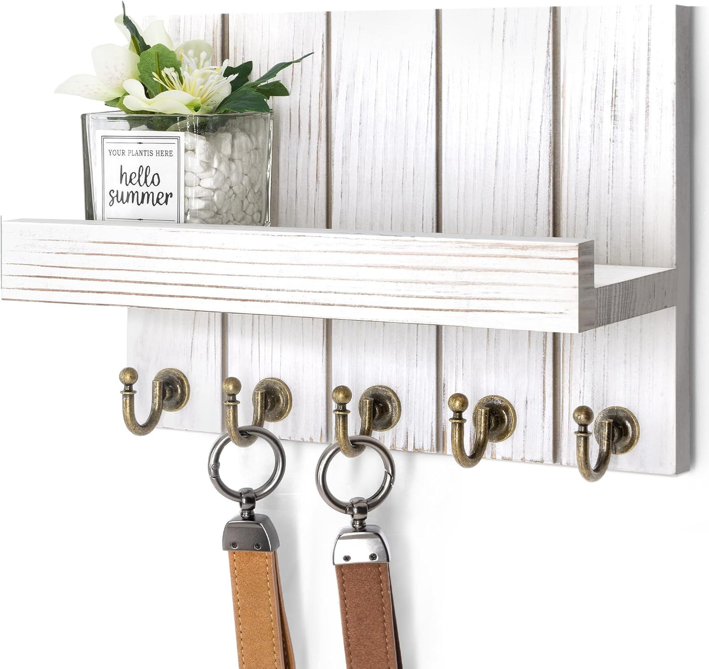 Rebee Vision Key Holder Wall Mount with 5 Key Hooks for Home Decor, Brown | 3.54'' x 10'' x 7.28'', Small Shelf for Display Plant, Key Hangers for Hat, Entryway Space-Saving Storage
