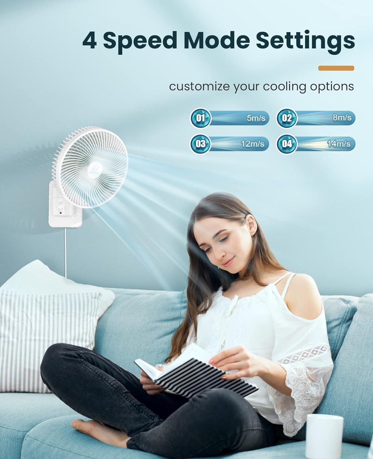 LEMOISTAR 8 Inch Small Wall Mounted RV Fan with Remote Control, 90° Oscillating, 4 Speeds, 4 Timer, Adjustable Tilt, 70 Inch Cord, Quiet, for Corner Bedroom Home Office Garage-Black