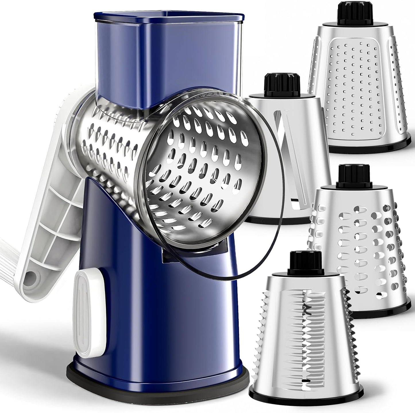 Weltonhm 4 in 1 Large Rotary Cheese Grater Hand Crank (black, 3 Graters) | Cheese Shredder Rotary and Slicer with 4 Stainless Steel Blades for Vegetables, Veggie and Cheese, Stronger Suction Base