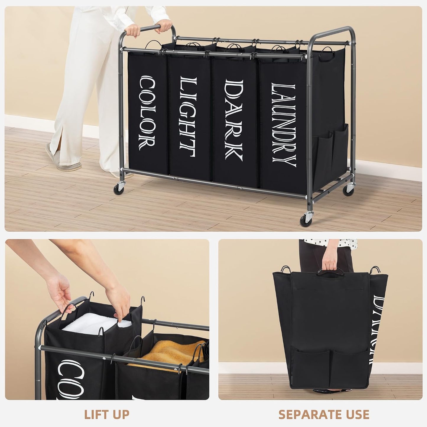STORAGE MANIAC 3 Section Laundry Sorter, 35.6 Gal (135 L) Laundry Hamper Cart with Heavy Duty Rolling Lockable Wheels and Removable Bags, Clothes Organizer Basket Separator Hamper, Gray