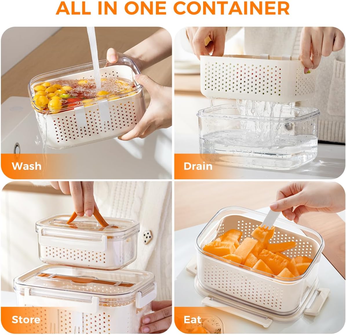 Fruit Storage Containers for Fridge,berry containers with Colander and Built-in Forks,2 packs 57oz & 13oz Airtight Food Containers with Lids, BPA Free Berry Keeper, to go box for lunch, travel, office