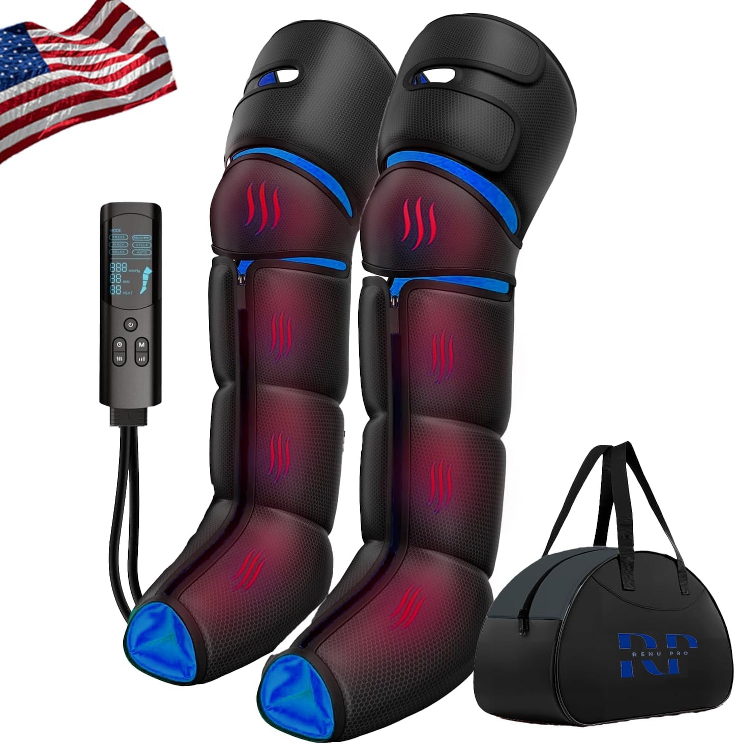 Leg Massager with Heat for Feet, Calves & Thighs, Air Compression | Handheld controller, 9 intensities, 6 modes, 3 heat levels; feet, calves & thighs, circulation & pain relief, USA Owned