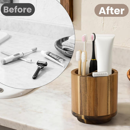 Toothbrush Holder for Bathrooms,Toothbrush Holders,Acacia Wood | Four Drainage Holes,Removable Divider,360° Rotating,Space-Saving,Toothbrush and Toothpaste Holder for Bathroom Countertop