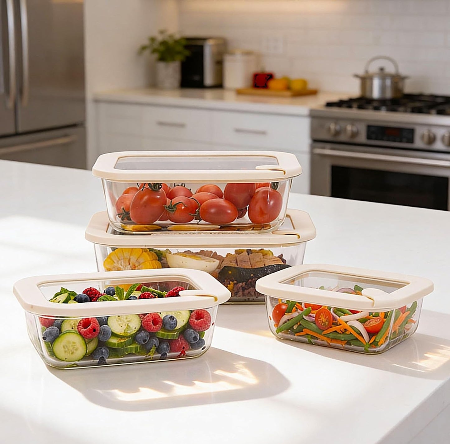 Glass Food Storage Containers with Glass Lids, Microwave Safe Food Container Set, Aitight Meal Prep Container Set, BPA Free, 2 extra Colanders, LeakProof, 2 Pack of 60oz