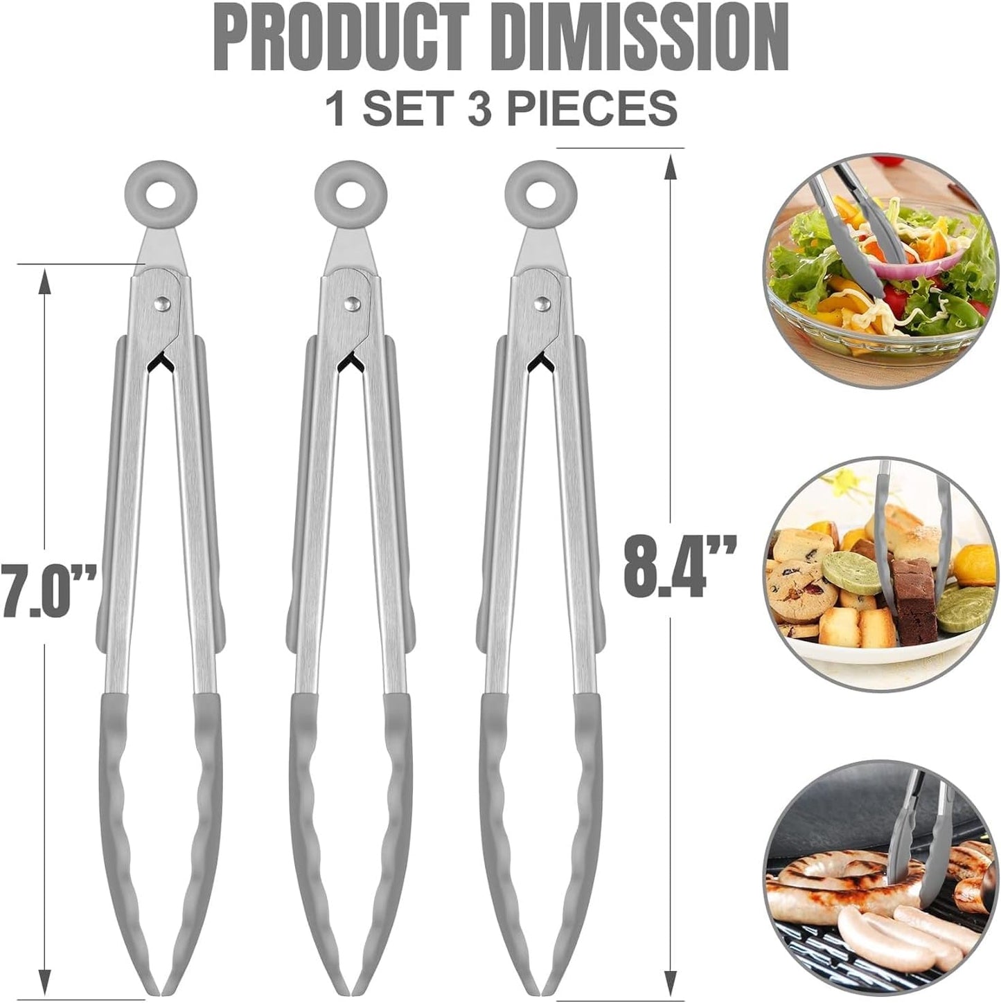 Hotec Mini Silicone Kitchen Tongs for Cooking - 7-Inch Small Serving Tongs with Silicone Tips, Set of 3 (Black,Grey,Light Blue)