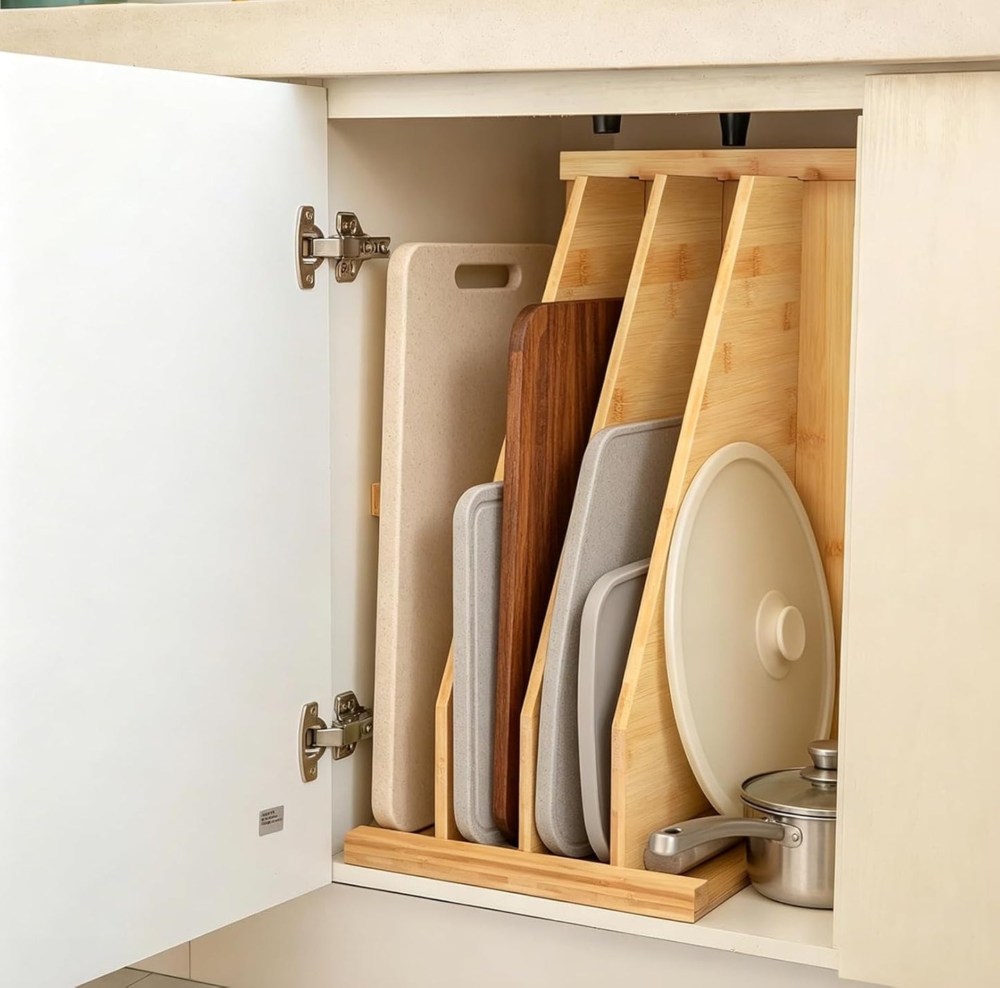 Tray Dividers for Cabinets Cookie Sheet Organizer with 3 Dividers | Bamboo Cabinet Dividers for Baking Sheets & Pans, Space-saving Kitchen Storage Rack 22.44"x11.73"x15.43" - Fits 15" Cabinet