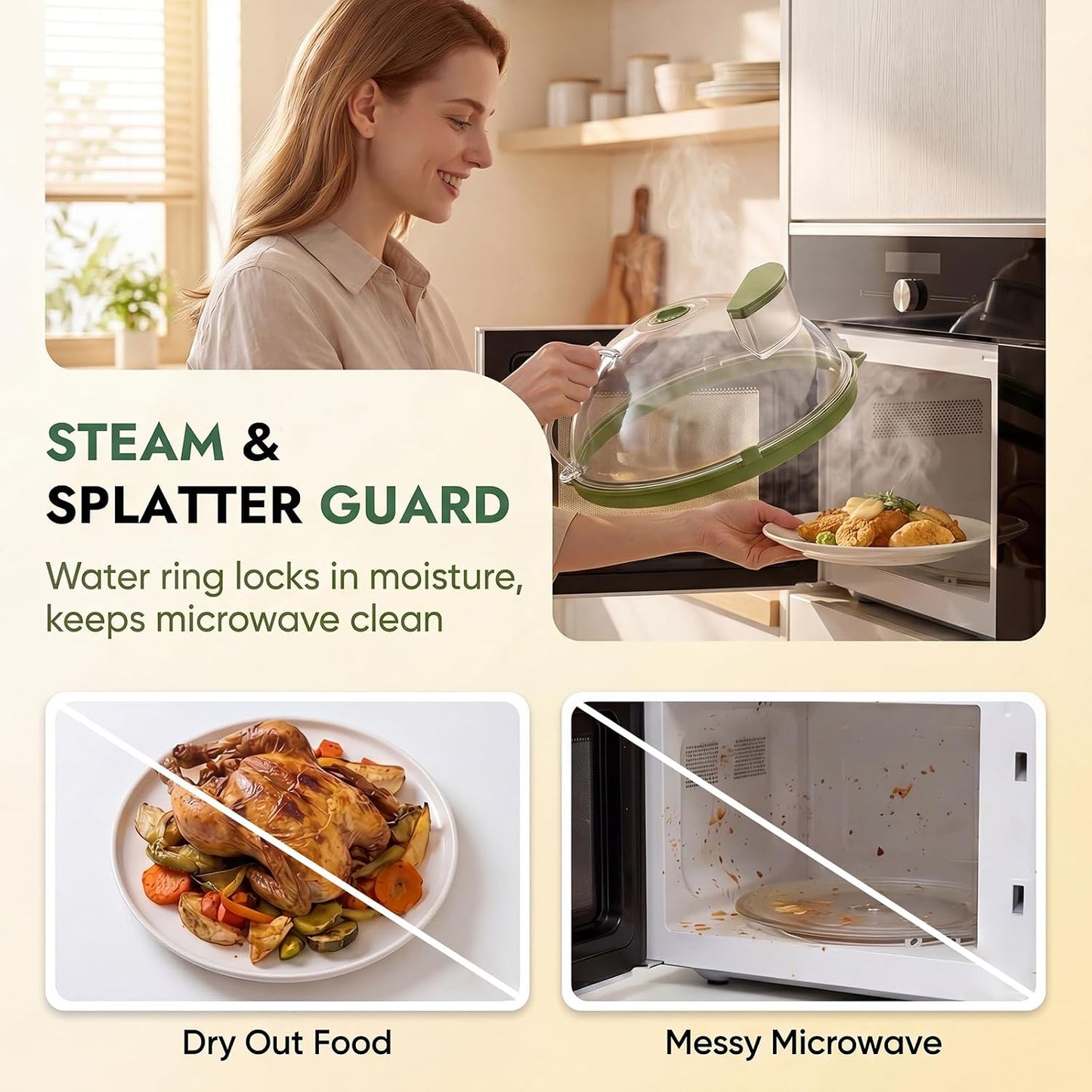 10-Inch Microwave Splatter Cover with Water Steamer, Green | Clear plate cover with adjustable vent and handle for plates, bowls, dishes and reheating leftovers