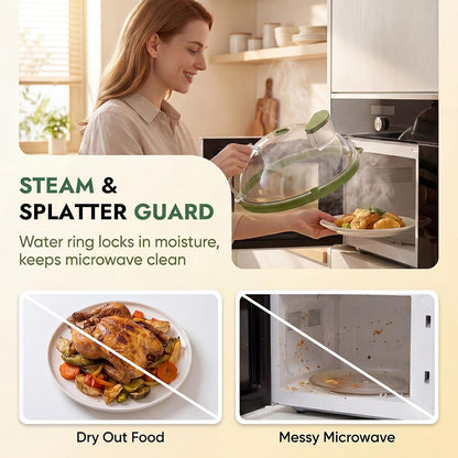 10-Inch Microwave Splatter Cover with Water Steamer, Green | Clear plate cover with adjustable vent and handle for plates, bowls, dishes and reheating leftovers