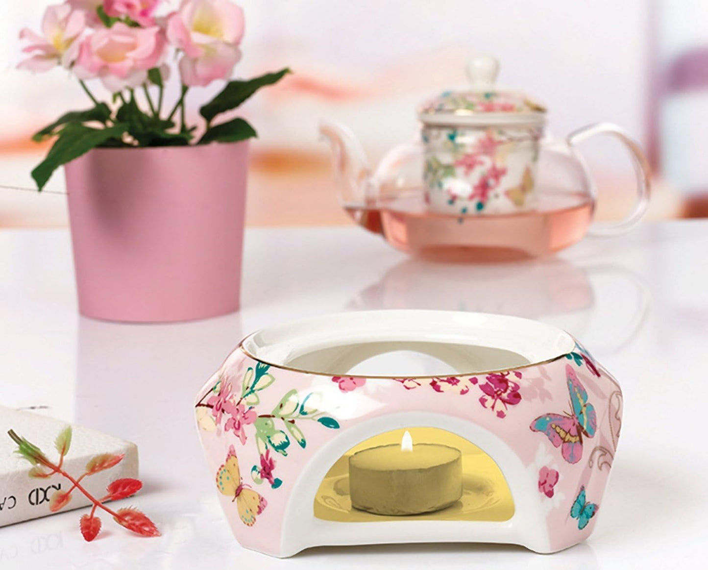 YBKTEX Glass Teapot with Ceramic Warmer- Butterflies Pattern (Pink)