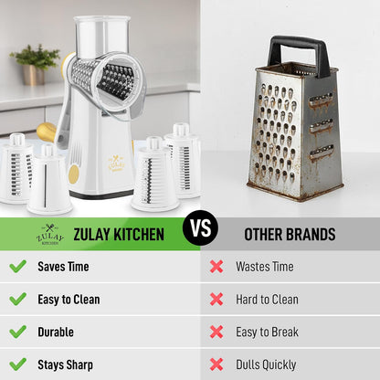 Zulay Kitchen Rotary Cheese Grater 5 Blade Cheese Shredder - Manual Hand Crank Cheese Grater With Reinforced Suction & 5 Interchangeable Drums - Easy to Use, Vegetable Chopper Round Mandoline Slicer - Colors B
