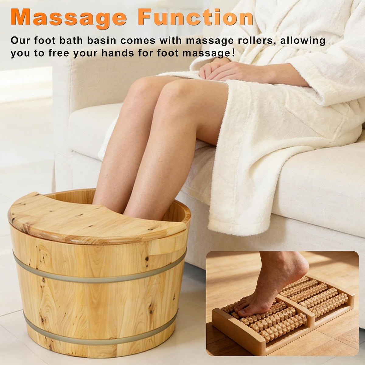 tonchean 15.74in*12.2in*10.23in Wooden Foot Bath Bucket, Thick Insulated Wooden Foot Basin with Massage Roller and Lid Foot Wash Bucket for Foot Bath, Massage, Spa Suitable for All Ages