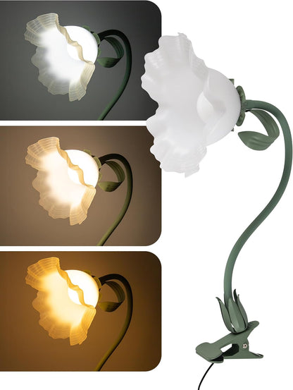 Flower Clip On Desk Lamp for Home and Dorm - Cute Floral Clip On Bedside Book Reading Light, Pink Flower Bunk Bed Lighting, Kawaii Led Flexible Gooseneck Table Lamp for Headboard with Clamp