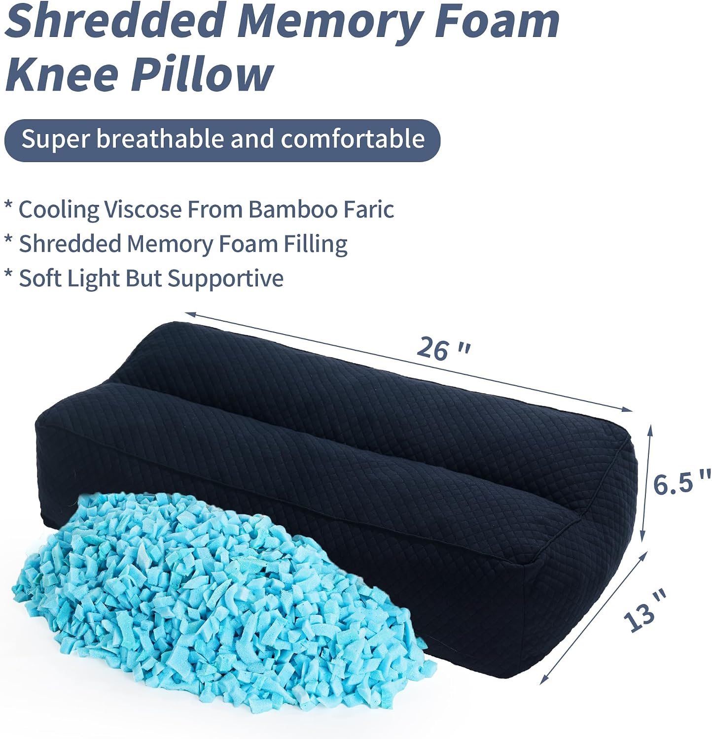HOMBYS Shredded Memory Foam Knee Pillow for Side Sleepers, 6.5" Height Pillow Between Legs for Aligns Spine & Relieves Pressure Hip & Leg Elevation, Supportive Pillow for Pregnancy, Sciatica, White