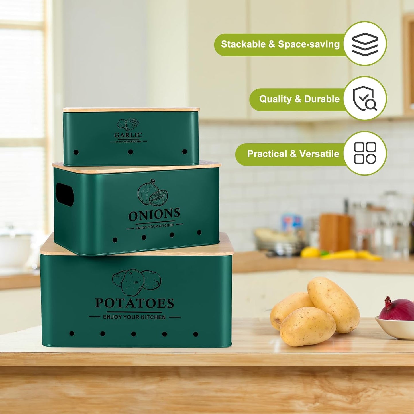 Kitchen Vegetable Storage Set of 3, Metal Onion Garlic Potato Storage Set, Kitchen Canisters Vegetable Keeper Containers with Aerating Holes and Bamboo Lid,Black
