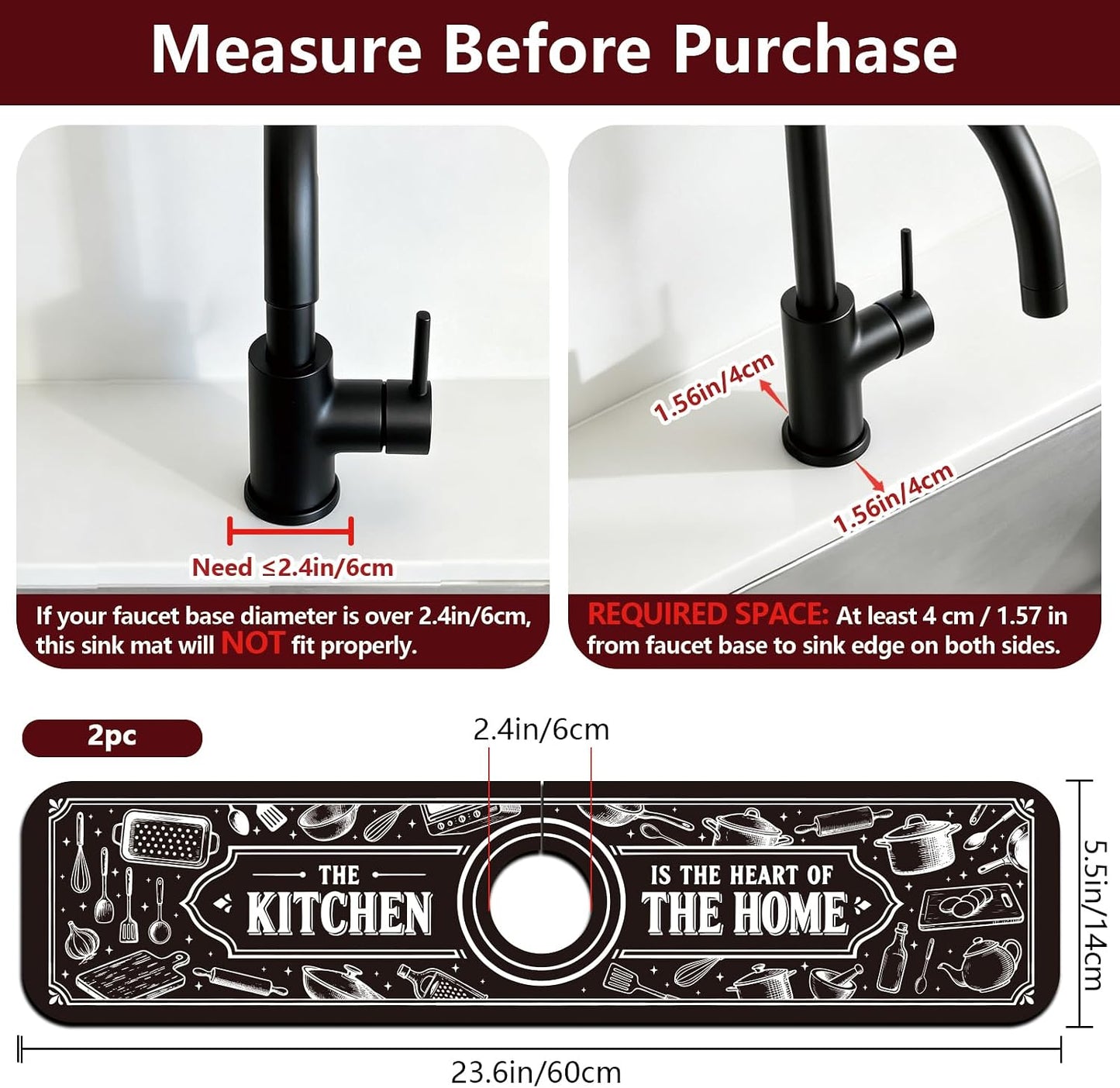 2Pcs Peonies Kitchen Sink Splash Guard Faucet Mat Vintage Florals Faucet Mat For Bathroom Kitchen 5.5x23.6In
