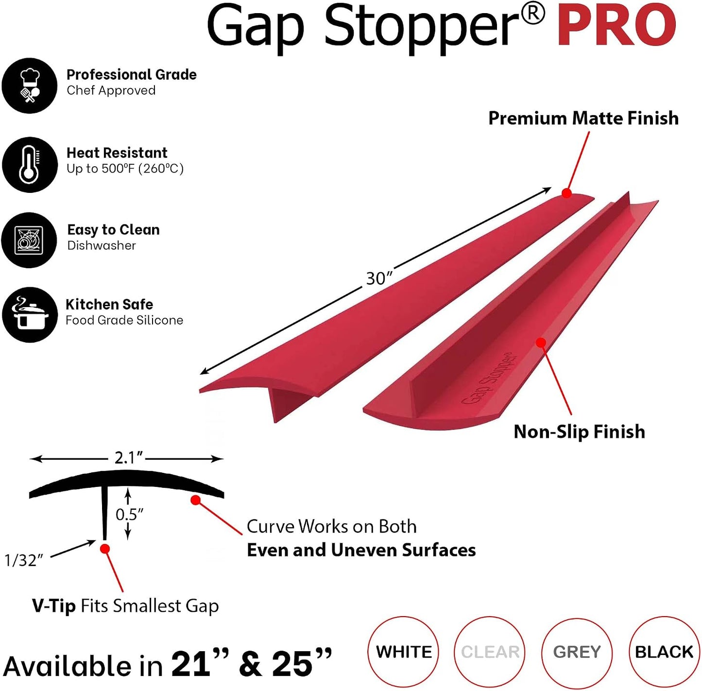 Gap Stopper® Pro - 21" Gray, Professional Grade, FDA Heavy 8.6 oz Silicone, Set of 2, Covers Gap between Stove & Countertops