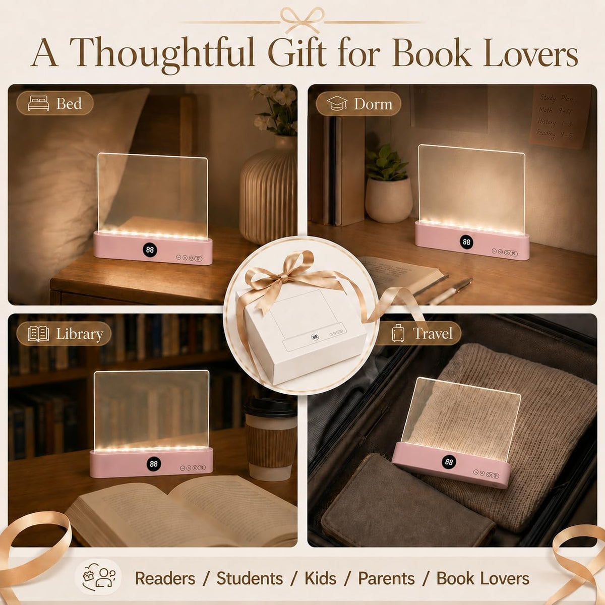 Book Light for Reading in Bed, Rechargeable LED Flat Book Light with Clear Full Page Panel, 3 Color Temperatures, Stepless Dimming, 1–99 Min Timer, 1200mAh USB-C Bookmark Light for Book Lovers(Pink)