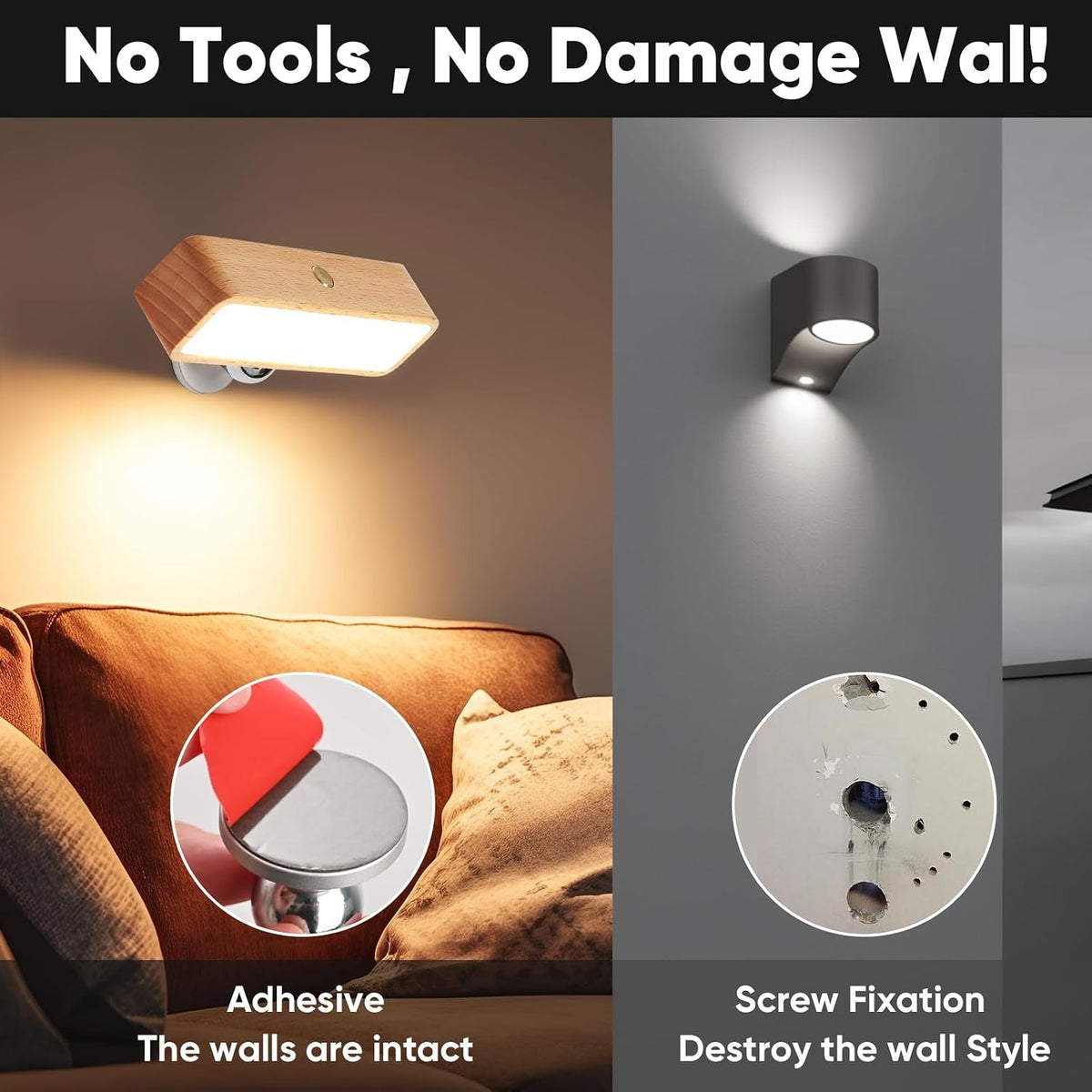 Battery Operated Wall Sconces Set of Two, Rechargeable Wall Lights Battery Operated, Wood Stick On Wall Mounted lamp Bedside Reading for Bedroom, Stepless Dimmable Wall Lamps for Living Room