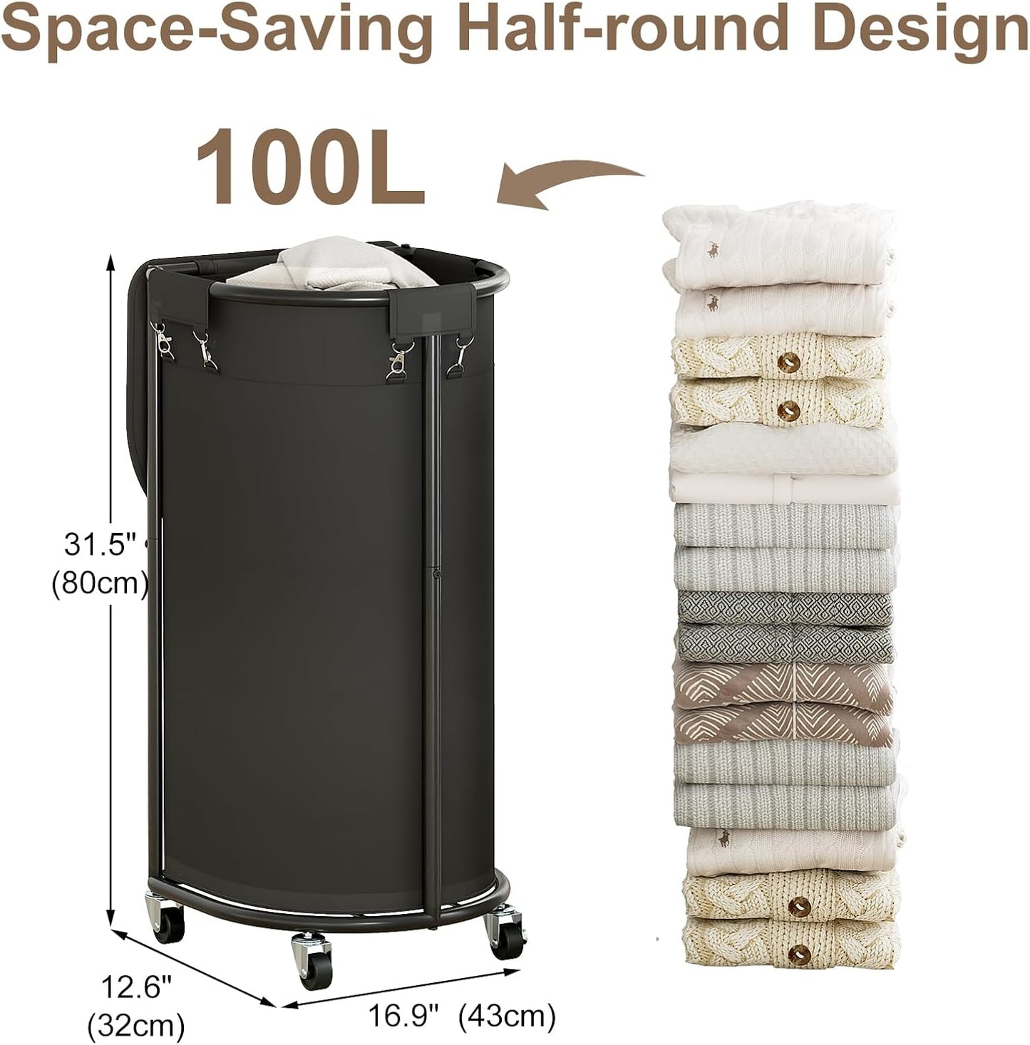 Laundry Hamper with Wheels and Lid, 100L Half Round Rolling Laundry Basket | Gasvadivum Sturdy Metal Frame Laundry Cart with Removable Bag, Dirty Clothes sorter Organizer for Bathroom, Bedroom, Black