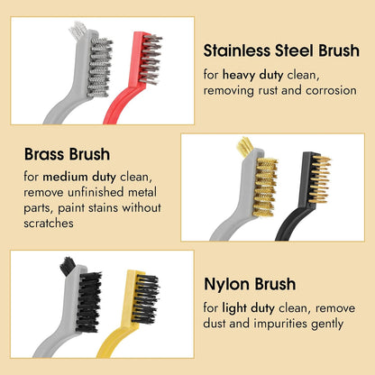 Wire Brush for Cleaning, Small Brass Steel Nylon Brush, Metal Rust Remover | 6 Pcs, Rust/Grease/Paint Removal on Metal/Wood/Grill, Curved Head for Tight Spots, with Hang Hole, Ergonomic Handle, 7 in