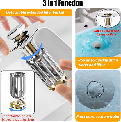 Anlige Bathroom Sink Drain Strainer, 3 in 1 Pop Up Bathroom Sink Stopper with Removable Brass Basket Hair Catcher, Universal Sink Plug for 1.06 to 1.6in Drain Hole, Chrome Silver