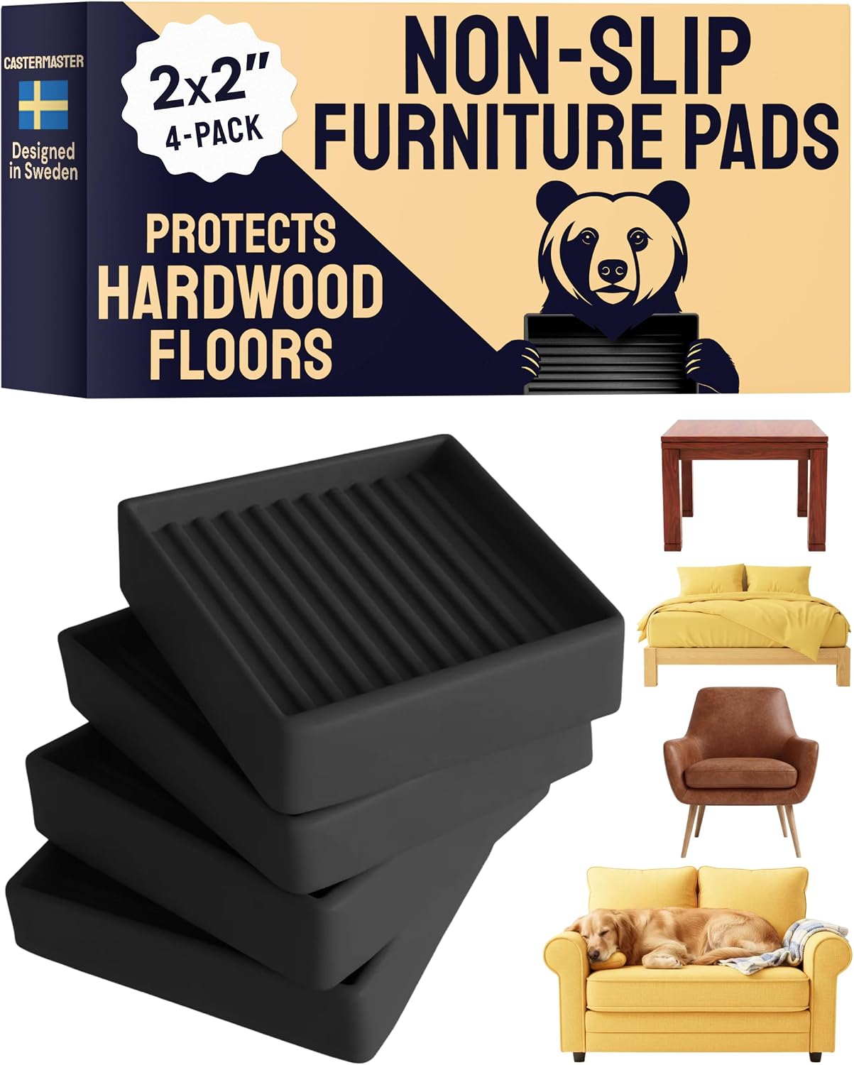 Non-Slip Furniture Pads - 4x4 in Brown, 4 Pack | Square rubber caster cups - anti-skid - Use for heavy sofas, beds & chairs on hardwood floors