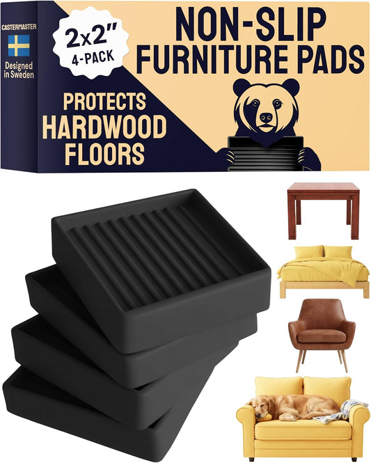 Non-Slip Furniture Pads - 4x4 in Brown, 4 Pack | Square rubber caster cups - anti-skid - Use for heavy sofas, beds & chairs on hardwood floors