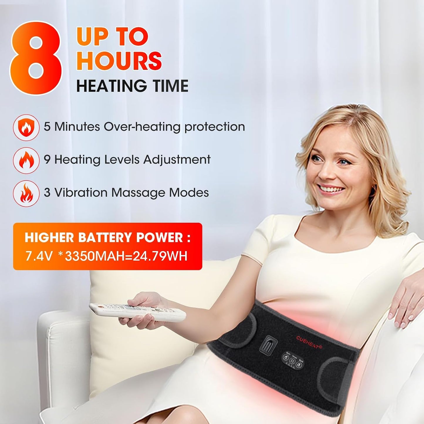 CUEHEAT Heated Waist Belt with Massage - Cordless Lower Back Heating Pad | 3 Heat Settings, 3 Vibration Modes, 7.AV Rechargeable Battery, Adjustable Fit for Wearable Lower Back Warmth