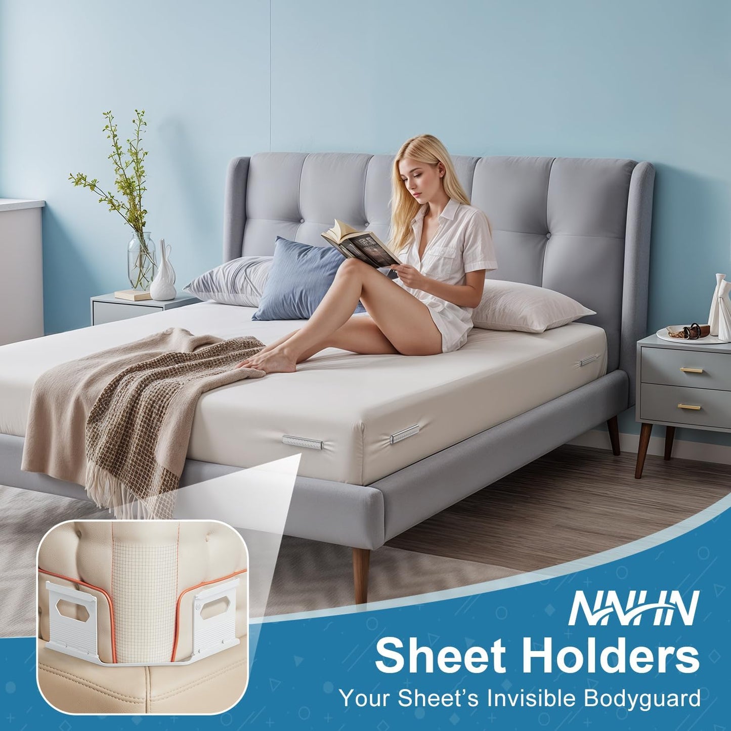 Lock Sheet Holders Keep Sheets Firm & Tight, Heavy Duty Bed Sheet Holder Straps for Corners, No More Loose Sheets or Wrinkles, Strong Grip Universal Sheet Clips, White