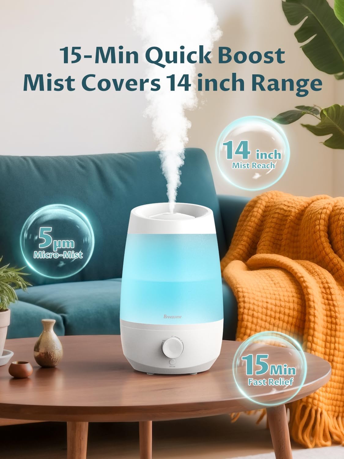 BREEZOME 2.5L Top Fill Humidifiers for Bedroom, 250ml/h Mist Output, 25hrs Humidifiers for Home, 7 Adjustable LED, Essential Oil Diffuser, 25dB Ultrasonic Humidifier for Baby and Indoor Plants, White | Ultrasonic Humidifiers for Home with 7 Adjustable