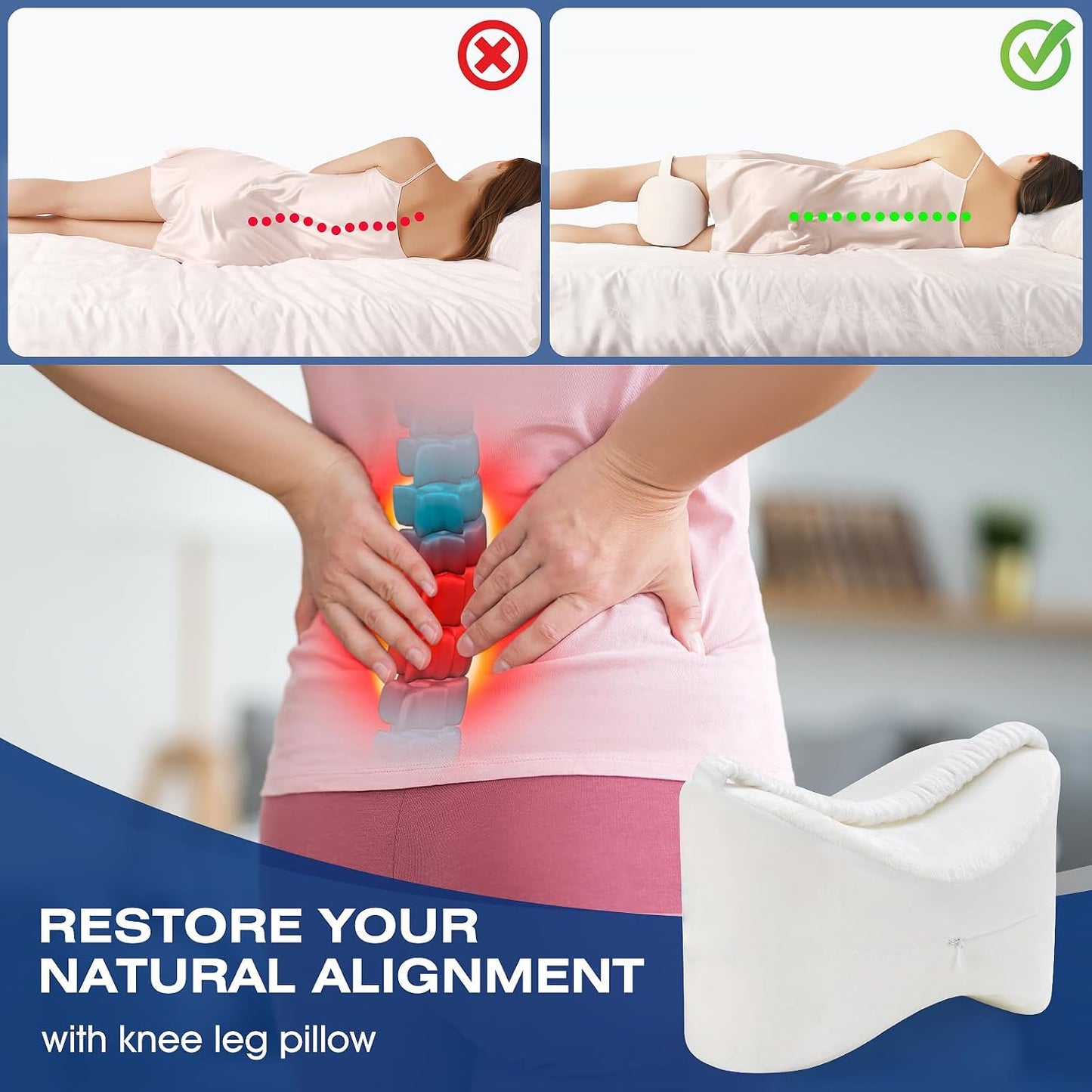 Knee Leg Pillow for Side Sleepers Leg Pillow for Side Sleeping with Strap-100% Memory Foam Wedge Contour Spacer Cushion for Back,Hip Knee Pregnancy Sciatica Pain Relief Free Sleep Mask Ear Plugs Grey