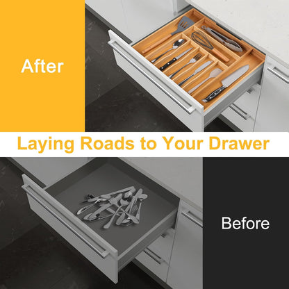 Expandable Bamboo Kitchen Drawer Organizer for Cutlery and Utensils, Adjustable Bamboo Wood Cutlery Tray in Drawer for Flatware and Silverware in Kitchen, (Natural)
