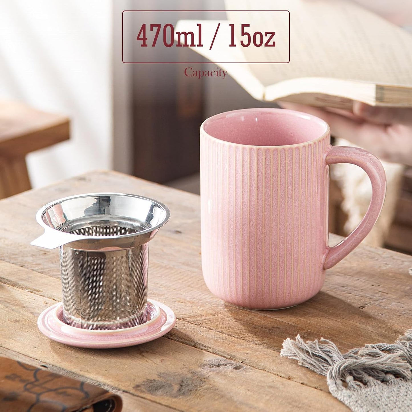 Yundu 15.5oz/470ml Flambe Purple Ceramics Teacups with Infuser and Lid, Loose Leaf Tea Cup