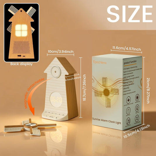 Sunrise Alarm Clock Rotating Windmill, White Noise Sleep Aid Gift | 20 Soothing Sounds, Easy Snooze Wake Up Light, 4-Level Dimmer Bedside Night Light, 30/60/90min Timer, Bedroom for Adults/Kids