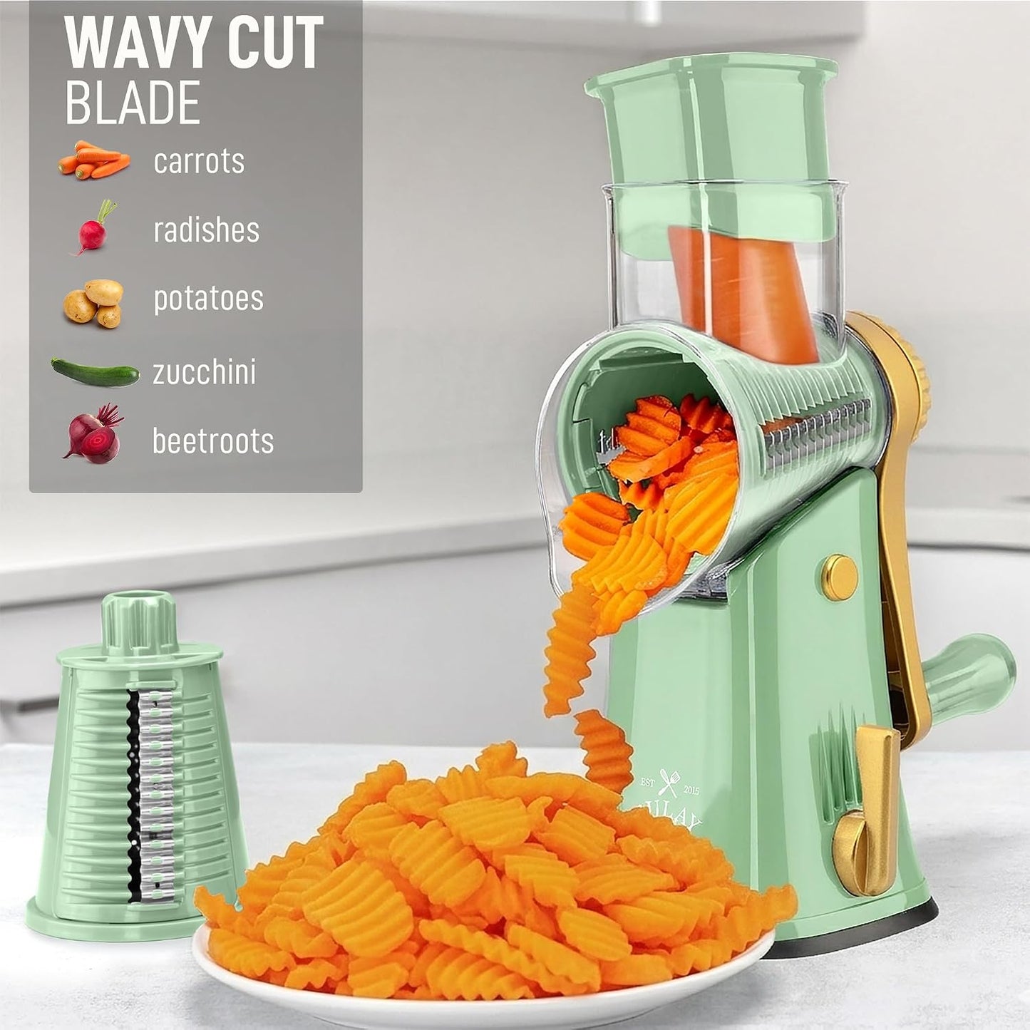 Zulay Kitchen Rotary Cheese Grater 5 Blade Cheese Shredder - Manual Hand Crank Cheese Grater With Reinforced Suction & 5 Interchangeable Drums - Easy to Use, Vegetable Chopper Round Mandoline Slicer - Colors B