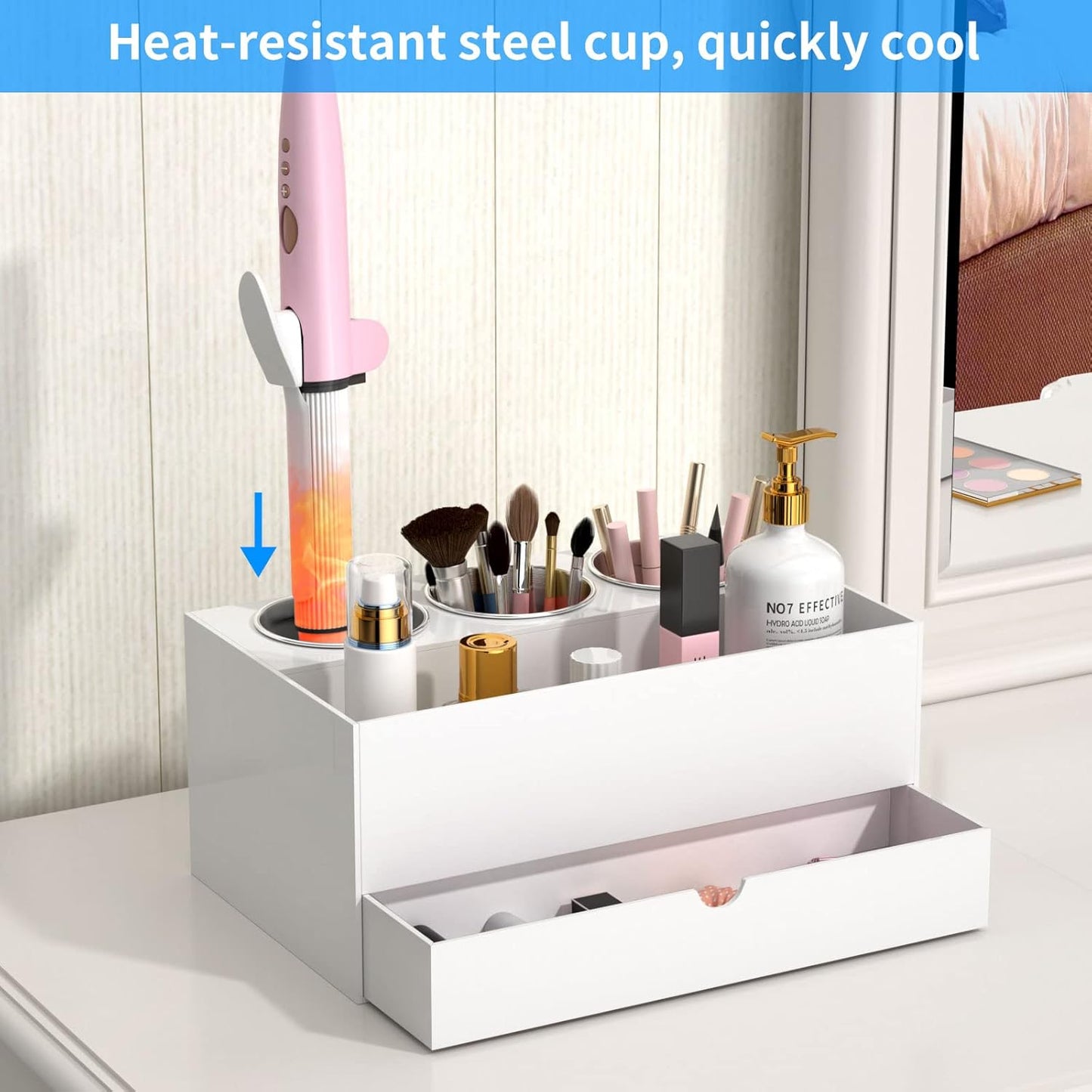 NIUBEE Acrylic Hair Tool Organizer,Hair Dryer Holder Countertop with 3 Cups | Clear, Hot Tools Organizer, Hair Blow Dryer Organizer for Curling Iron, Brush, Straightener, Makeup,Skincare,Vanity, Bathroom