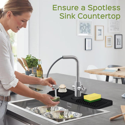 24 Inch Silicone Faucet Mat for Kitchen Sink Splash Guard – Upgraded Draining Mat with Water Tray Behind Faucet – Countertop Protectors to Catch Spills (Black, 24" x 5.5" )