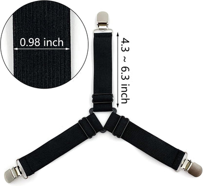 4PCS Bed Sheet Holder Straps – Triangle Adjustable Elastic Fasteners with Metal Clips, Heavy Duty Sheet Suspenders for Fitted & Flat Sheets, Mattress Covers, Sofa Cushions