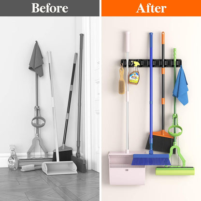 Lifewit Mop and Broom Holder Organzier Wall Hanging Mount, Black, 1 Pack | Anti-Slip Broom Storage for Cleaning Organizer, Easy Install Tool Hanging Rack with 5 slots & 6 hooks for Kitchen, Garage