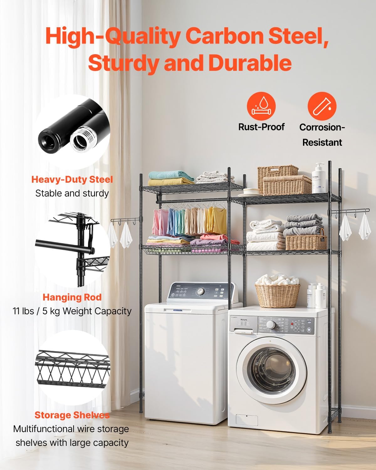 VEVOR Over The Washer and Dryer Storage Shelf, 3 Tier Laundry Room Drying Rack with Hanger Rod and Hooks, Adjustable Over Washer and Dryer Shelves, Laundry Room Shelf Storage Space Saver, White