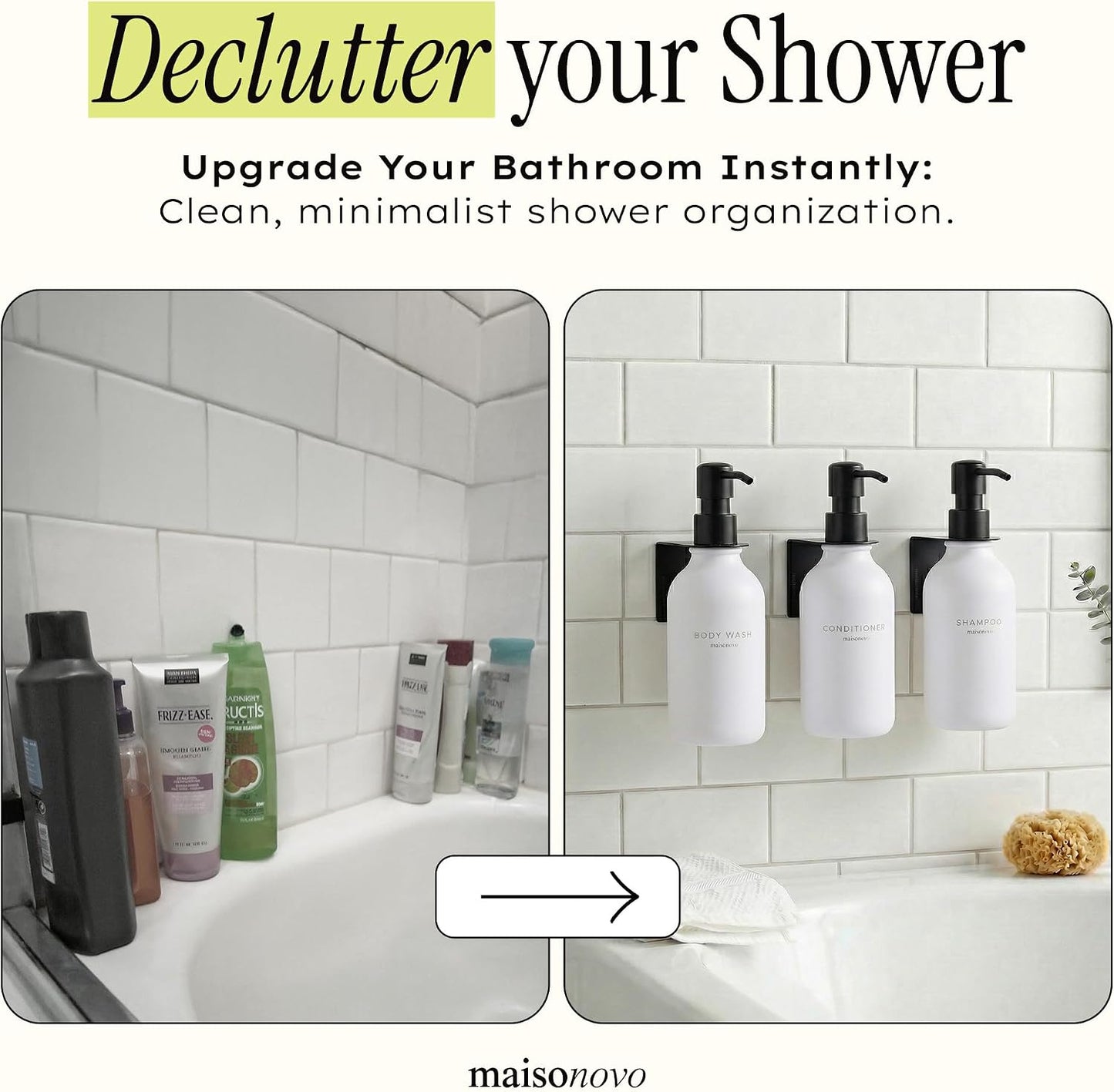 MaisoNovo Shampoo and Conditioner Dispenser|Refillable Black Set of 3 | 500 ml Shower Gel Dispenser Set of 3. Refillable Shampoo and Conditioner Bottles. Drill Free Secure Design. Black