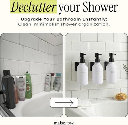 MaisoNovo Shampoo and Conditioner Dispenser|Refillable Black Set of 3 | 500 ml Shower Gel Dispenser Set of 3. Refillable Shampoo and Conditioner Bottles. Drill Free Secure Design. Black